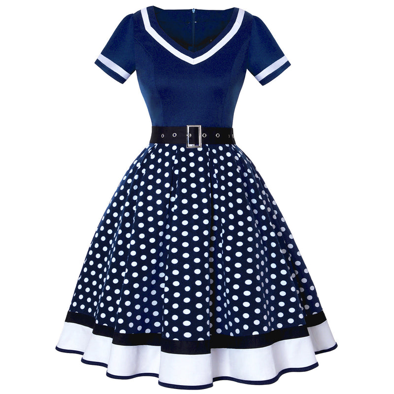 Retro 50s Hepburn Style Cotton V-neck Polka Dot Large Hemline Dress