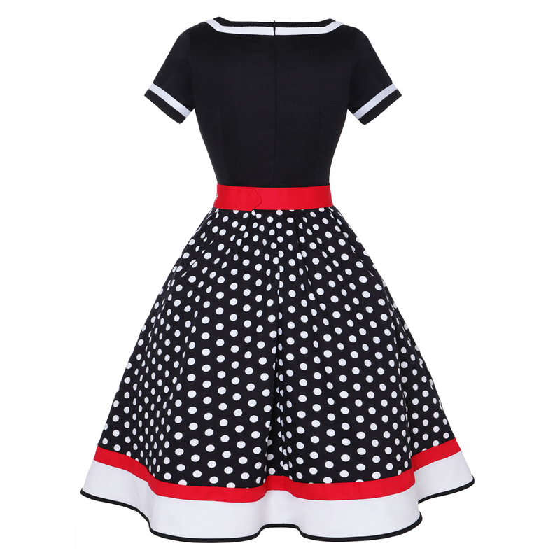 Retro 50s Hepburn Style Cotton V-neck Polka Dot Large Hemline Dress