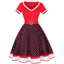 Retro 50s Hepburn Style Cotton V-neck Polka Dot Large Hemline Dress - AwwwCos