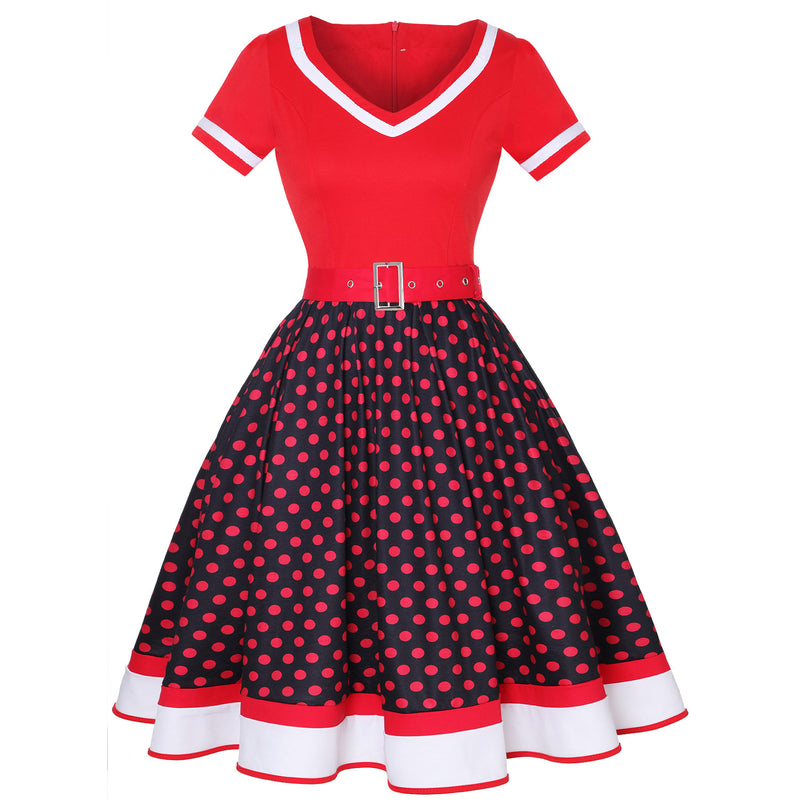 Retro 50s Hepburn Style Cotton V-neck Polka Dot Large Hemline Dress