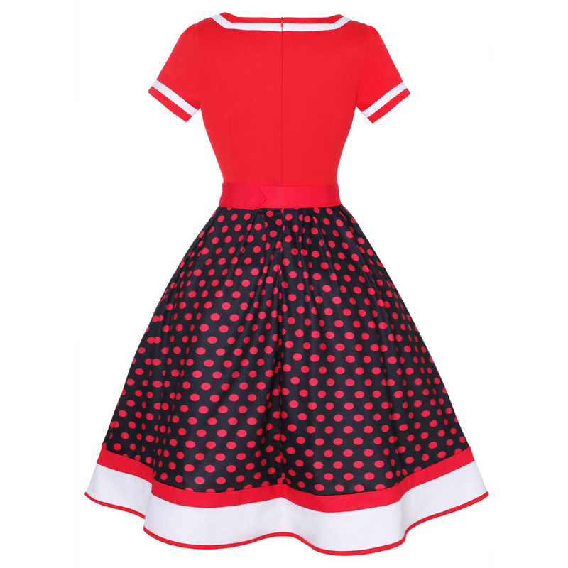 Retro 50s Hepburn Style Cotton V-neck Polka Dot Large Hemline Dress