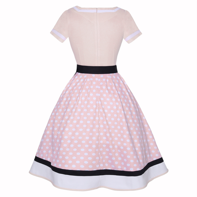 Retro 50s Hepburn Style Cotton V-neck Polka Dot Large Hemline Dress