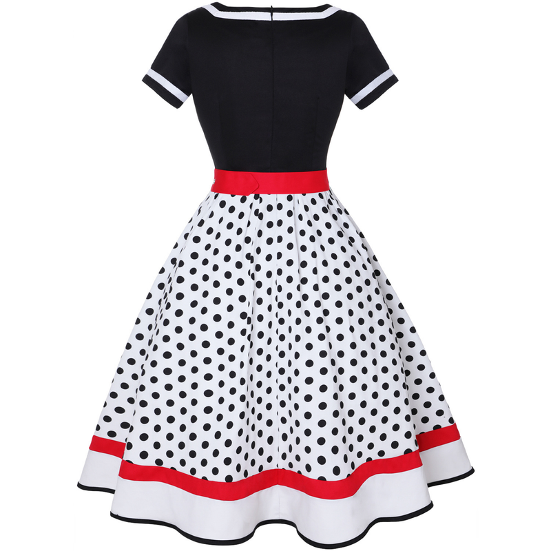 Retro 50s Hepburn Style Cotton V-neck Polka Dot Large Hemline Dress