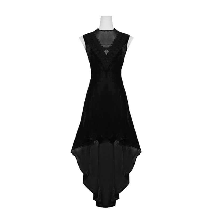 Retro V Neck Lace Trim Gown Velvet Punk High Waist Evening Dress - AwwwCos