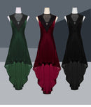 Retro V Neck Lace Trim Gown Velvet Punk High Waist Evening Dress - AwwwCos