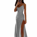 Satin Bridesmaid Gown Spaghetti Straps Mermaid High Slit Evening Dress