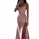 Satin Bridesmaid Gown Spaghetti Straps Mermaid High Slit Evening Dress