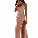 Satin Bridesmaid Gown Spaghetti Straps Mermaid High Slit Evening Dress