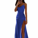 Satin Bridesmaid Gown Spaghetti Straps Mermaid High Slit Evening Dress