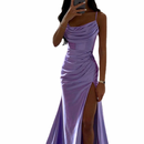 Satin Bridesmaid Gown Spaghetti Straps Mermaid High Slit Evening Dress