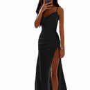 Satin Bridesmaid Gown Spaghetti Straps Mermaid High Slit Evening Dress