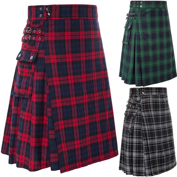 Scottish Men Traditional Highland Tartan Cosplay Utility Pleated Skirt - AwwwCos