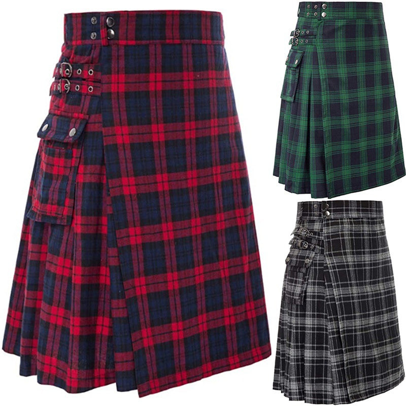 Scottish Men Traditional Highland Tartan Cosplay Utility Pleated Skirt - AwwwCos