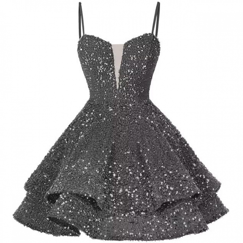 Sequin Homecoming Dress Tiered for Teens Sparkly Spaghetti Strap Cocktail Gown