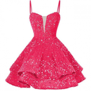 Sequin Homecoming Dress Tiered for Teens Sparkly Spaghetti Strap Cocktail Gown - AwwwCos