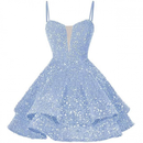 Sequin Homecoming Dress Tiered for Teens Sparkly Spaghetti Strap Cocktail Gown - AwwwCos