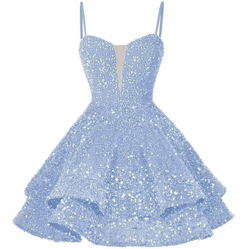 Sequin Homecoming Dress Tiered for Teens Sparkly Spaghetti Strap Cocktail Gown