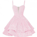 Sequin Homecoming Dress Tiered for Teens Sparkly Spaghetti Strap Cocktail Gown - AwwwCos