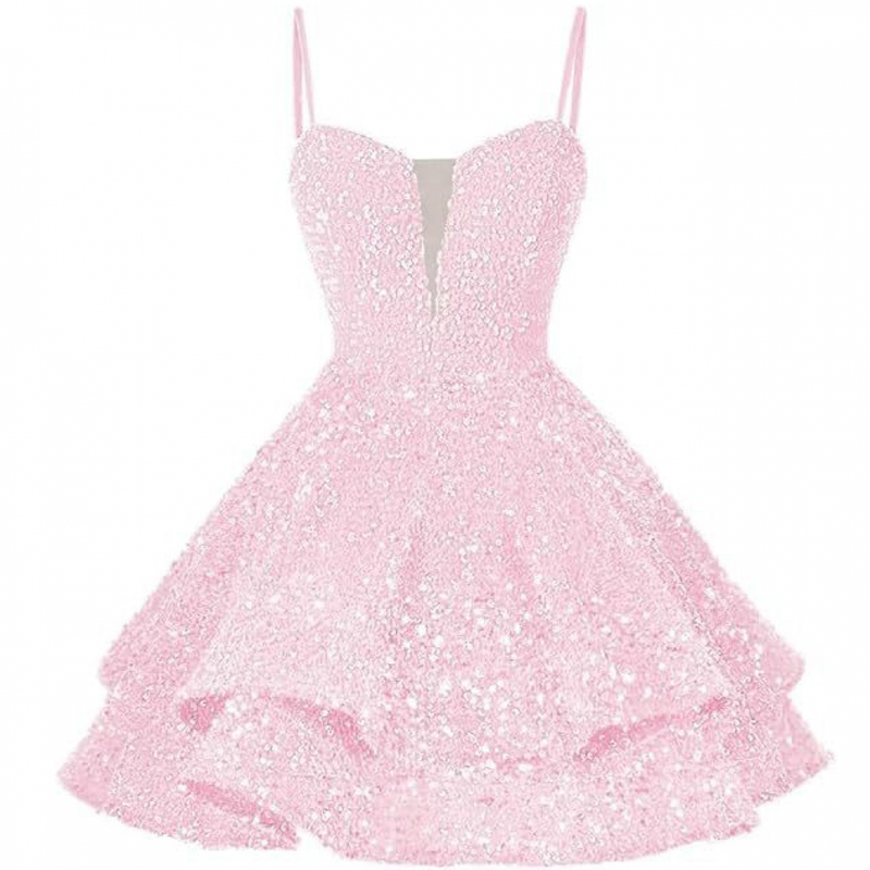 Sequin Homecoming Dress Tiered for Teens Sparkly Spaghetti Strap Cocktail Gown