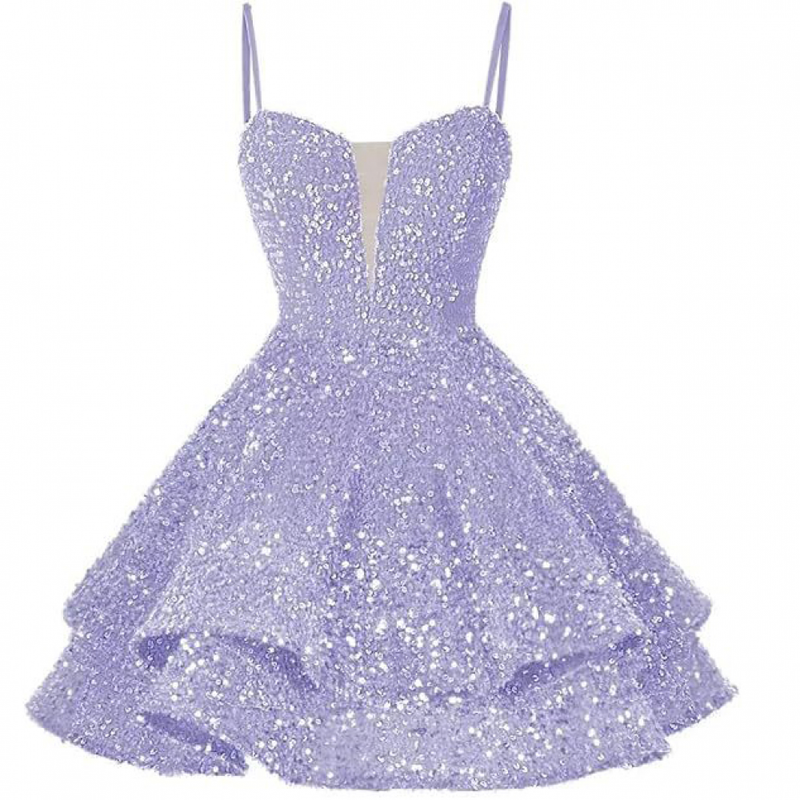 Sequin Homecoming Dress Tiered for Teens Sparkly Spaghetti Strap Cocktail Gown
