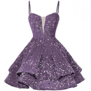 Sequin Homecoming Dress Tiered for Teens Sparkly Spaghetti Strap Cocktail Gown - AwwwCos