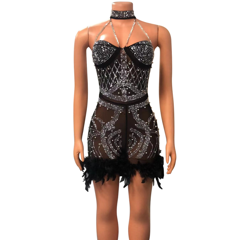 Sexy Feather Rhinestone Party Prom Bodycon Evening Night Mini Dress - AwwwCos