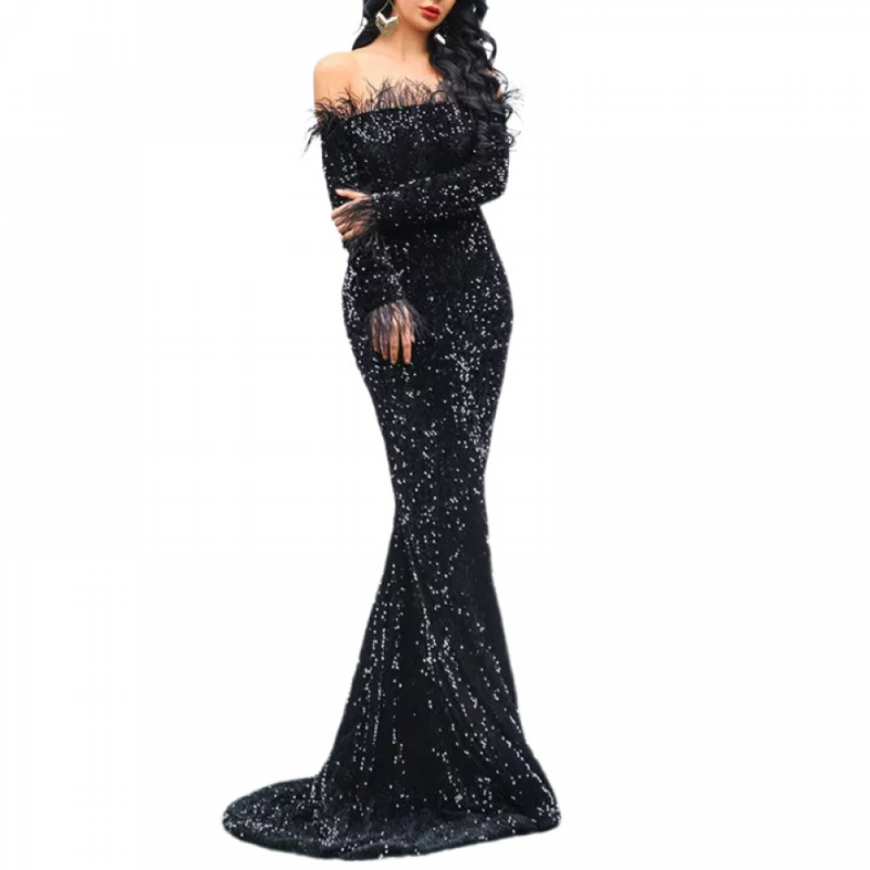 Sexy Off The Shoulder Mermaid Cocktail Dress Sequins Feather Maxi Dress