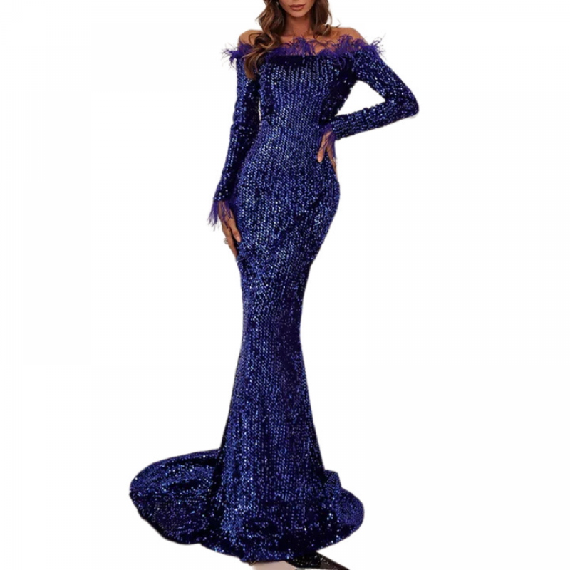 Sexy Off The Shoulder Mermaid Cocktail Dress Sequins Feather Maxi Dress
