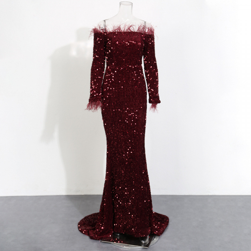 Sexy Off The Shoulder Mermaid Cocktail Dress Sequins Feather Maxi Dress