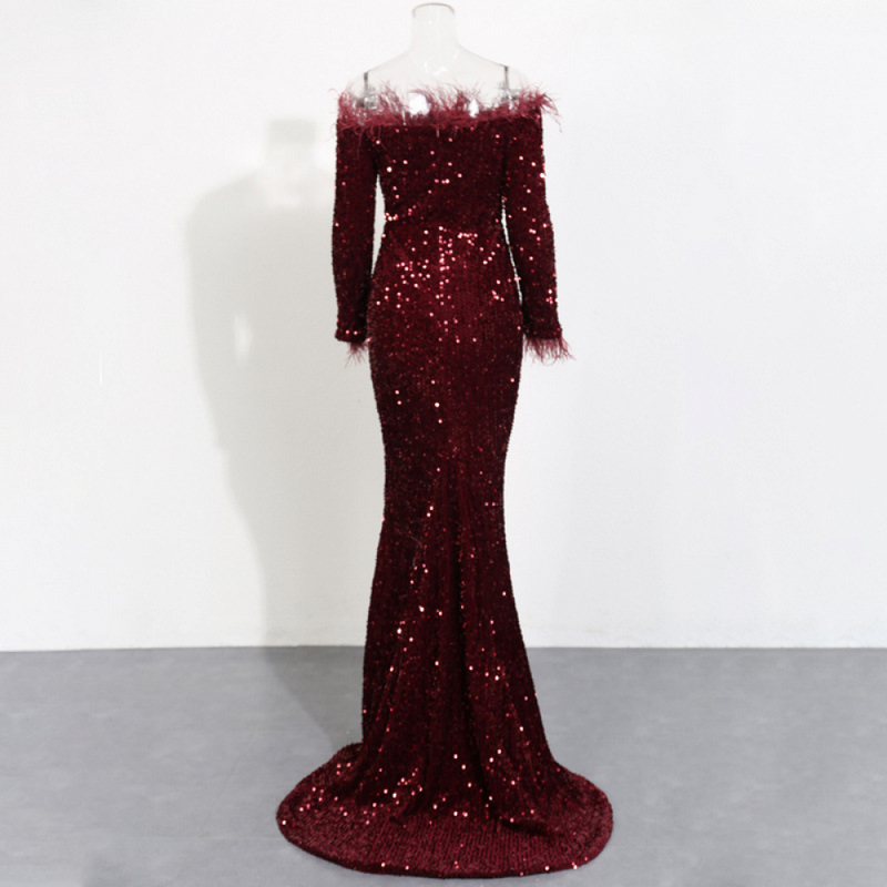 Sexy Off The Shoulder Mermaid Cocktail Dress Sequins Feather Maxi Dress