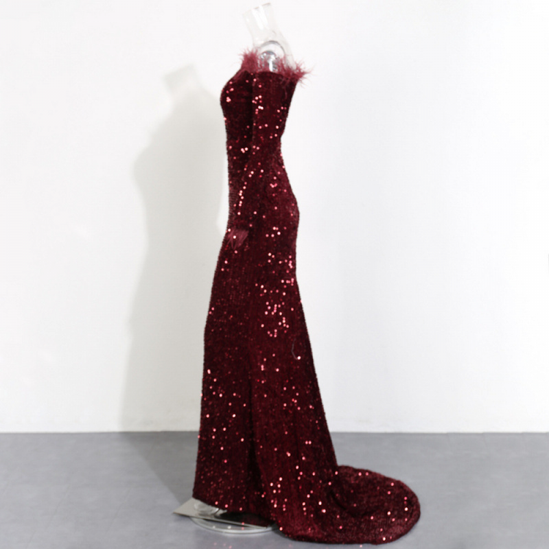Sexy Off The Shoulder Mermaid Cocktail Dress Sequins Feather Maxi Dress