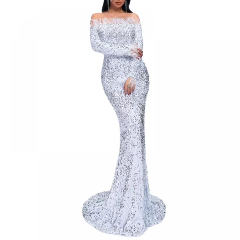 Sexy Off The Shoulder Mermaid Cocktail Dress Sequins Feather Maxi Dress