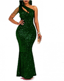 Sexy Sequin One Shoulder Tassel Mermaid Bodycon Cocktail Evening Dress - AwwwCos