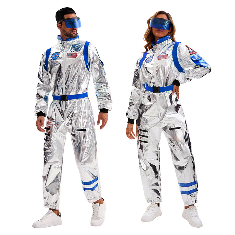 Silver Space Astronaut Cosplay Costume Embroidered Patch Pockets Jumpsuit - AwwwCos