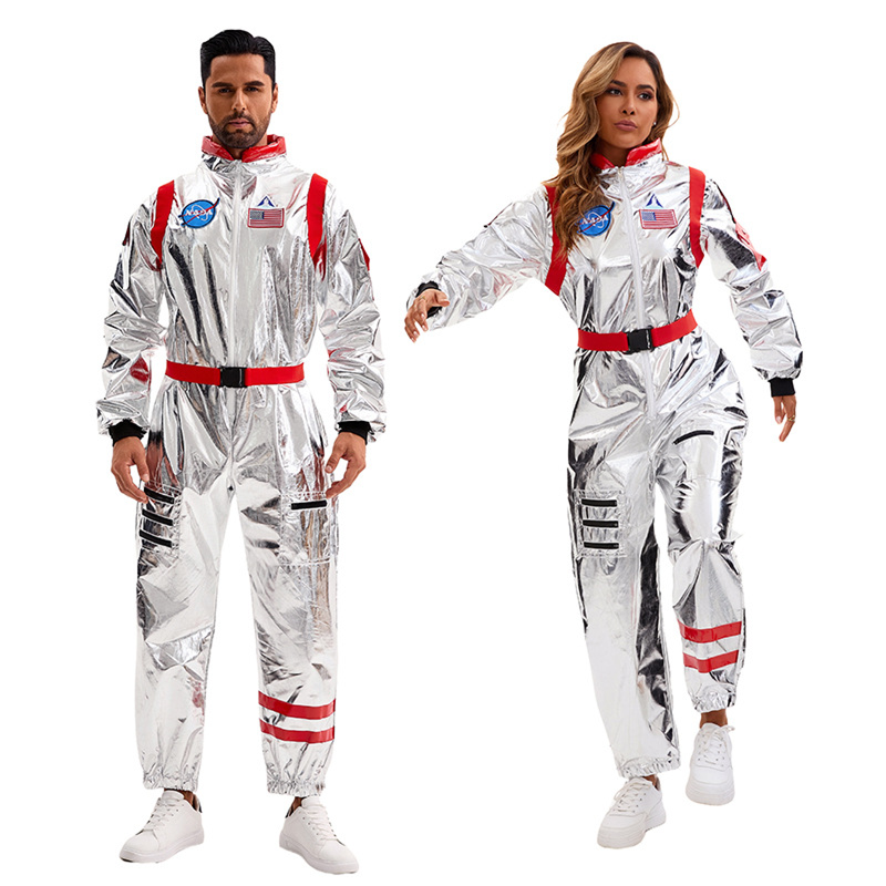 Silver Space Astronaut Cosplay Costume Embroidered Patch Pockets Jumpsuit - AwwwCos