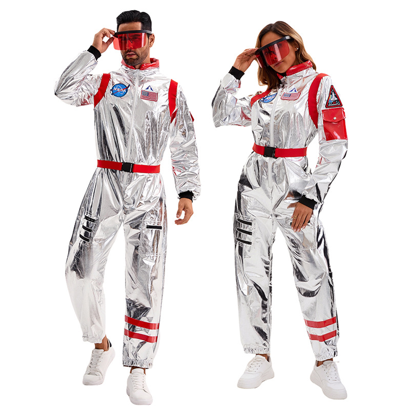 Silver Space Astronaut Cosplay Costume Embroidered Patch Pockets Jumpsuit - AwwwCos