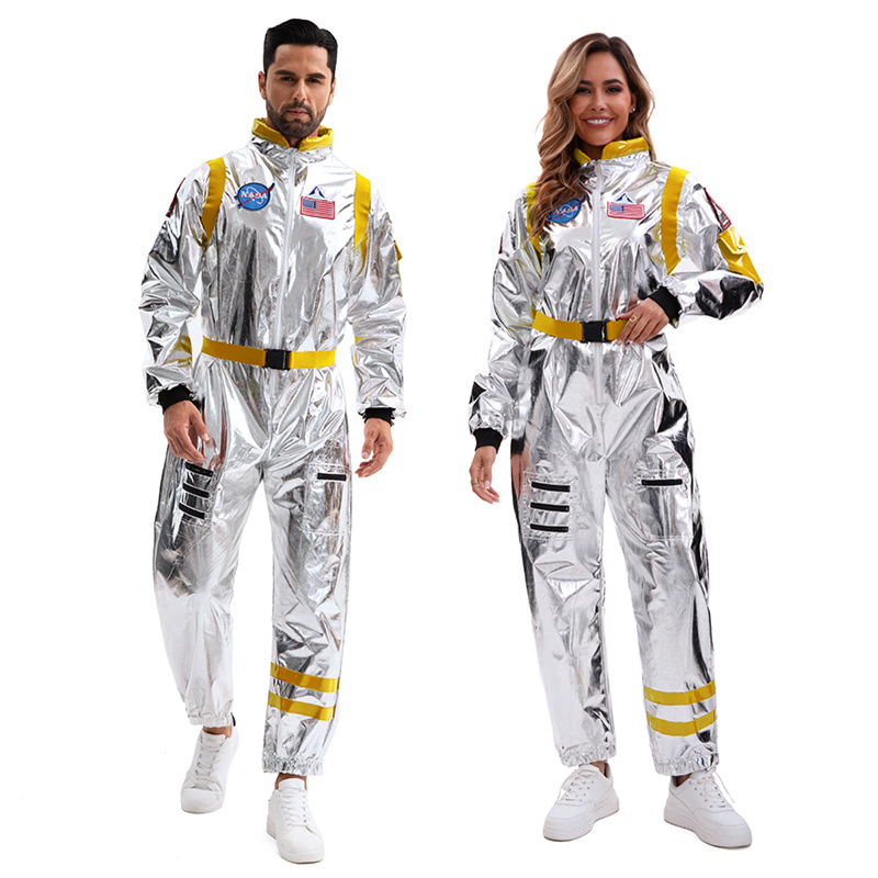 Silver Space Astronaut Cosplay Costume Embroidered Patch Pockets Jumpsuit - AwwwCos