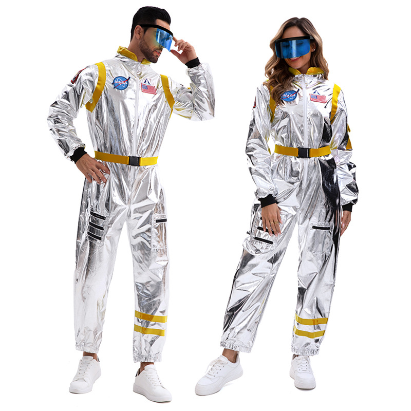 Silver Space Astronaut Cosplay Costume Embroidered Patch Pockets Jumpsuit - AwwwCos