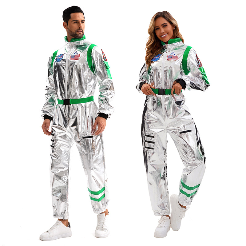 Silver Space Astronaut Cosplay Costume Embroidered Patch Pockets Jumpsuit - AwwwCos