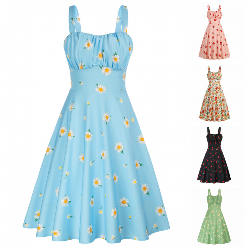 Sleeveless Floral Printed Ruched Summer A-Line Flowy Swing Midi Dress