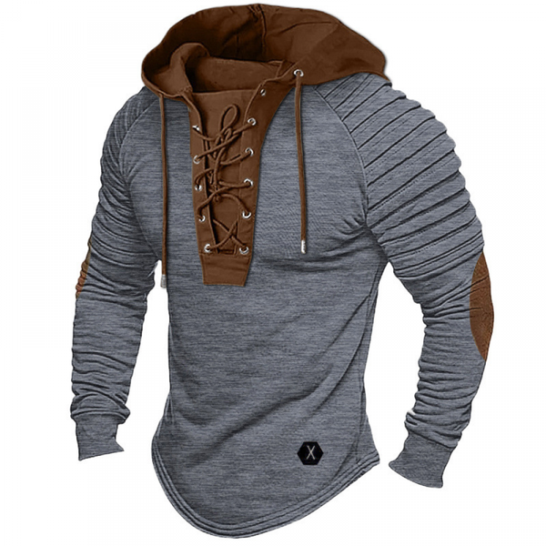 Solid Color Men Hooded T-Shirt Pleated Street Long Sleeve Lace-Up Hoodie - AwwwCos