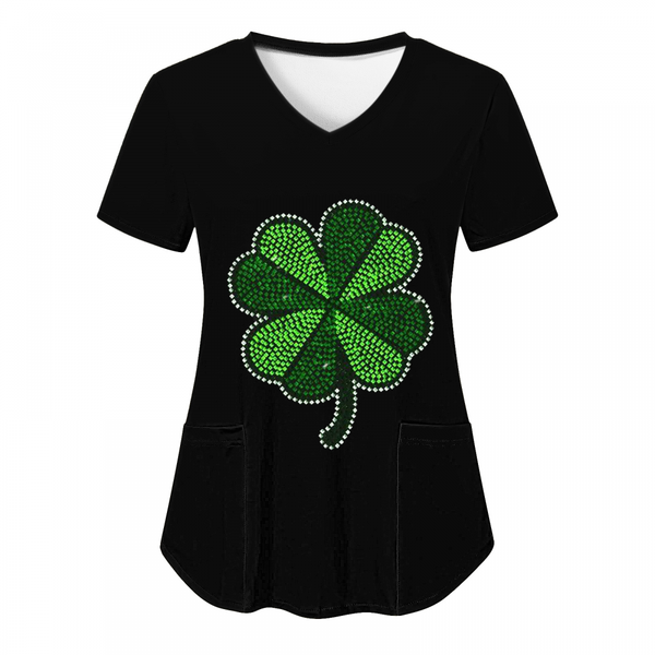 St.Patrick's Day Scrub Blouse Casual V Neck Shamrock T Shirt with Pocket - AwwwCos