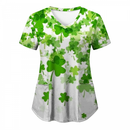 St.Patrick's Day Scrub Blouse Casual V Neck Shamrock T Shirt with Pocket - AwwwCos
