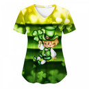 St.Patrick's Day Scrub Blouse Casual V Neck Shamrock T Shirt with Pocket - AwwwCos