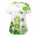St.Patrick's Day Scrub Blouse Casual V Neck Shamrock T Shirt with Pocket - AwwwCos