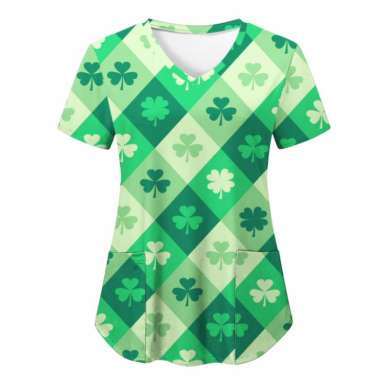 St.Patrick's Day Scrub Tops Casual Printed Shamrock T Shirt with Pocket - AwwwCos