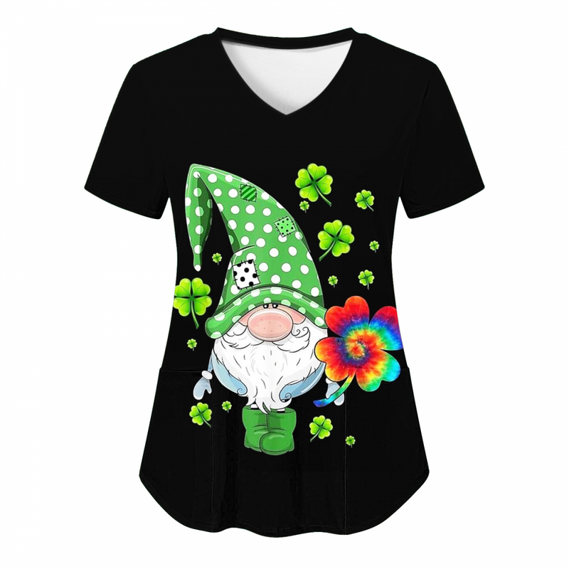 St.Patrick's Day Scrub Tops Casual Printed Shamrock T Shirt with Pocket - AwwwCos