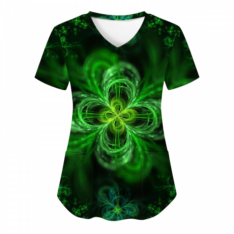 St.Patrick's Day Scrub Tops Casual Printed Shamrock T Shirt with Pocket - AwwwCos