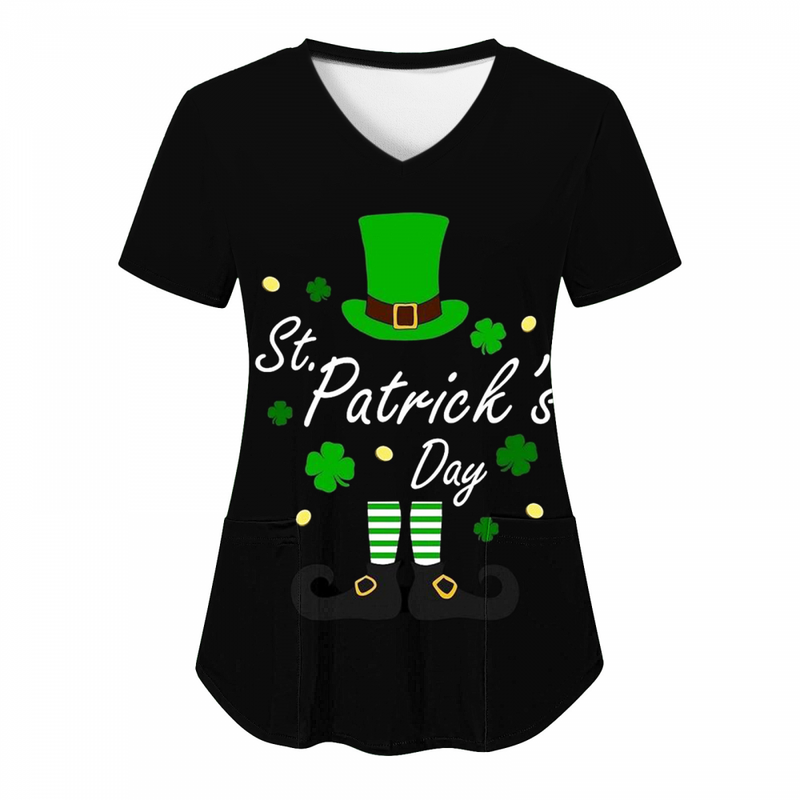 St.Patrick's Day Scrub Tops Casual Printed Shamrock T Shirt with Pocket - AwwwCos