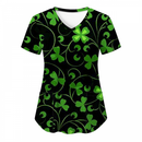 St.Patrick's Day Scrub Tops Casual V Neck Shamrock T Shirt with Pocket